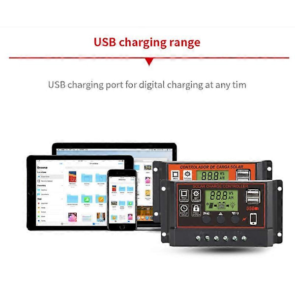 10-30A Solcellepanel Regulator Batterilader Kontroller LCD Auto Dual B 12V/24V black 30a