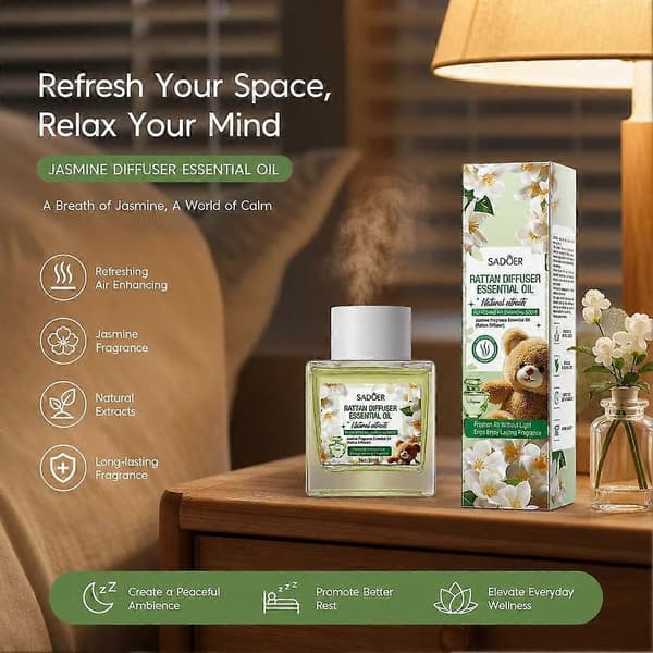 SADOER Jasmin Reed Diffuser - Flameless Blomsterduft til Langvarig Hjemmepleje