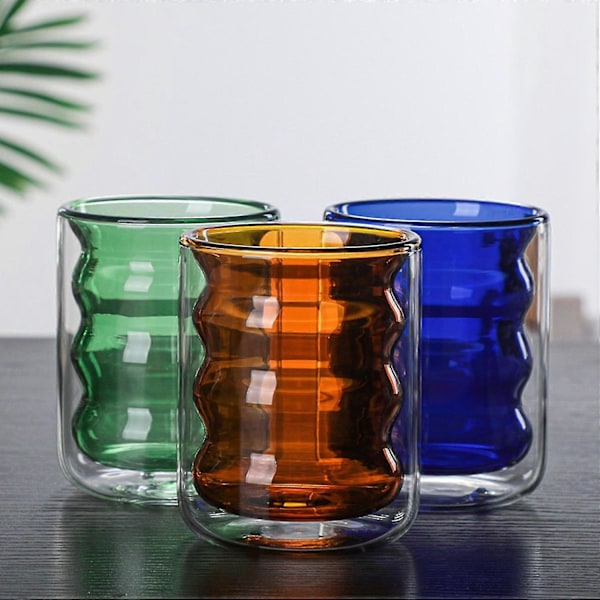 OuZhan 200ml Fargetråd Kaffe Glasskopp Dobbelvegget Isolerende Vin Whisky Kanne blue