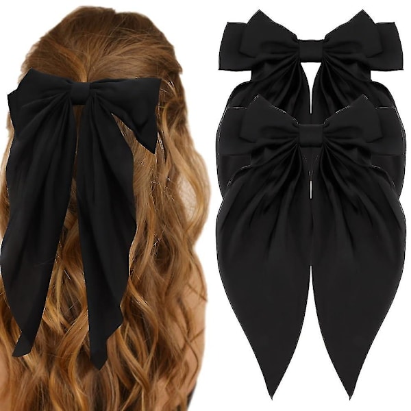 2 stk sateng sløyfe hårspenner klips for kvinner jenter fransk spenne med stor lang hale stort hårbånd hårtilbehør for bryllup fest -GS black x black