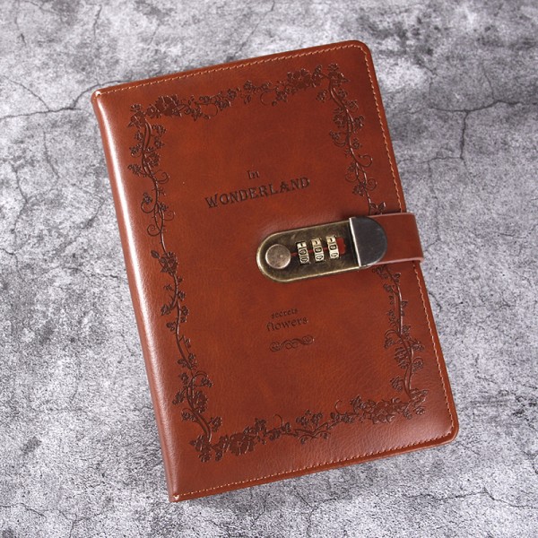 A5 lösenord bok med lås dagbok europeisk retro kreativ handbok imitation läder anteckningsbok anteckningsblock Brown-flower vine A5