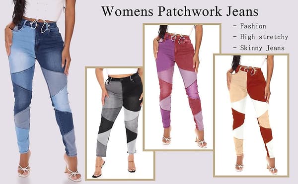 Kvinnor Mid Waist Stretchy Patchwork Denim Byxor Jeans ff b2 ko  B2 TI s