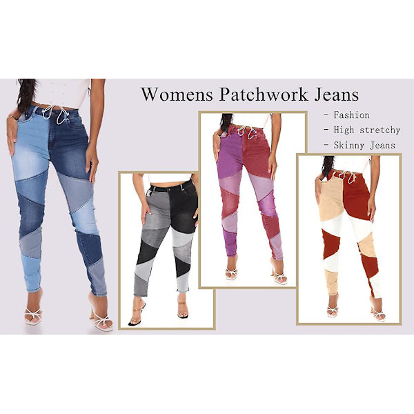 Naiset Keskikorkea Joustava Patchwork Denim Housut Farkut B2 ZD V m