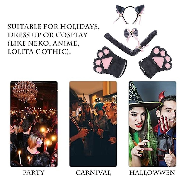 5-osainen asukokonaisuus - Korvat ja hännänkaulus, 2 tassuhanskaa Halloween-asuun