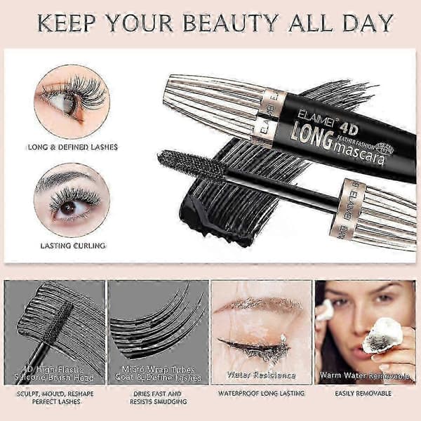 e ELAIMEI Vanntett 4D Sminke Øyevippemascara Øyevippesminke Silkefiber Vippeforlengelse Lang Mascara