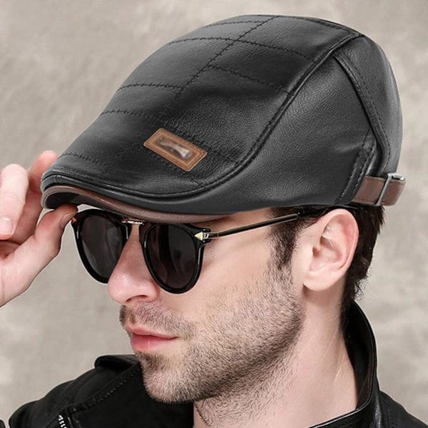 50% RABAT, Mænd Justerbar PU Læder Ivy Cap Newsboy Hat Fiskeri Hat Cool Rejse Gå Vandreture black