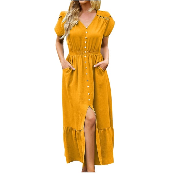 Dammode casual vår och sommar kort V-ringad klänning yellow XL