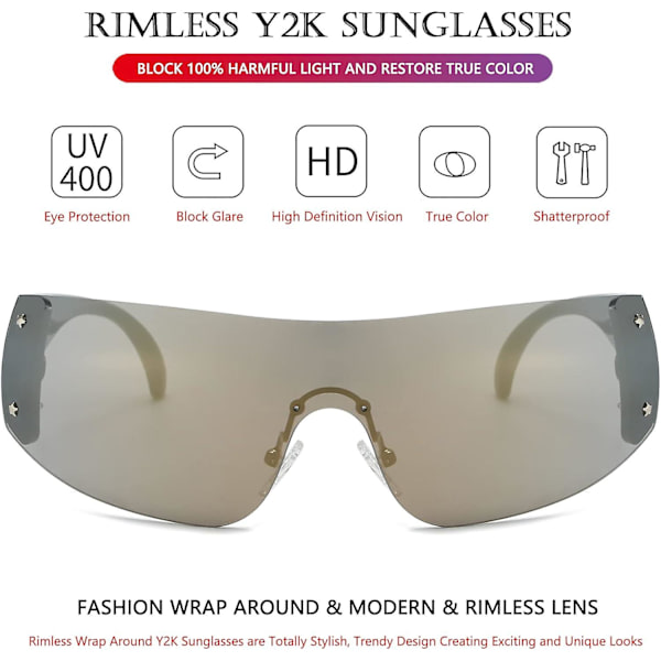 AIEYEZO Rimless Y2K Solglasögon Kvinnor Män Överdimensionerade Mode Wrap Around Ramlösa Solglasögon luxury gold