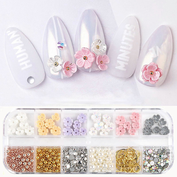 Smyckeskrin med färgade blommor formade nagelstenar, blandad låda för nagelkonst
