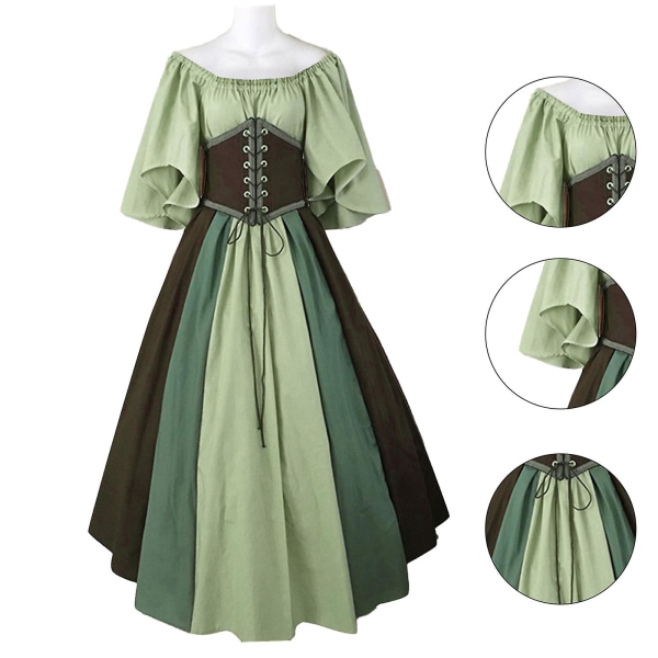 medeltida kläder Dam kortärmade gotiska klänningar Khaki L