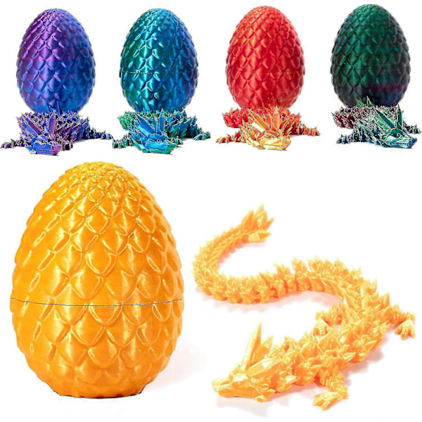 3D-tryckt drake i ägg, fullt ledad drake kristalldrake med drakeägg, hemmakontorsdekoration chefens skrivbordsleksaker silk gold