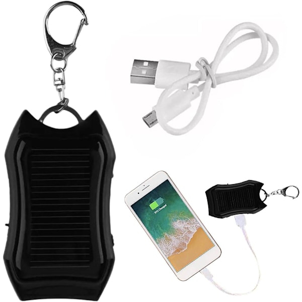 Solcellsladdare Nyckelring, Solcellsladdare för Telefon 1500mAh, Bärbar Solcellsladdare Powerbank Extern Batteripaket med 3 LED-lampor för Camping black