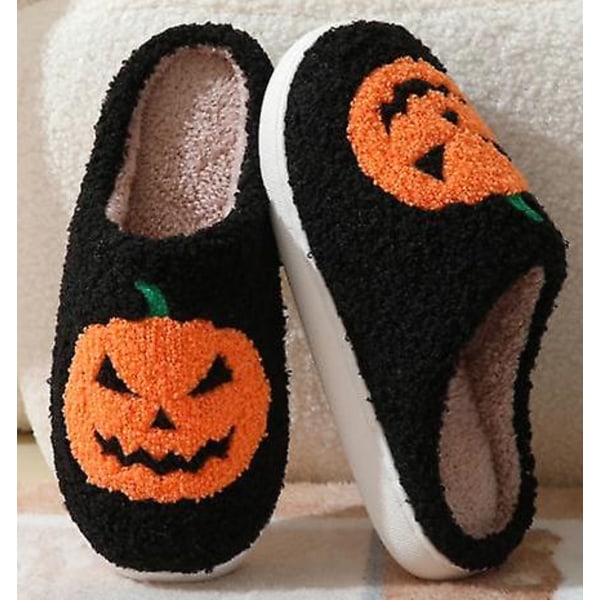 Halloween-tossut, Kurpitsatossut Liukumattomat Naisten Kotitossut, Puuvillaiset Kurpitsatossut Pehmeät & Lämpimät Talveksi Kotiin black pumpkin size-36-37