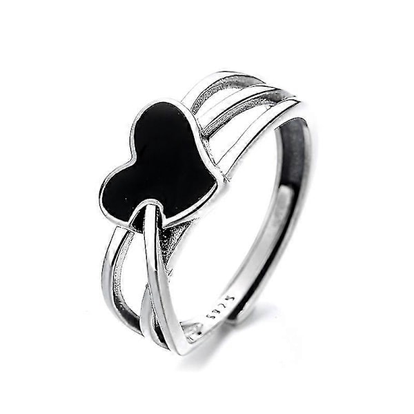 Dobbelt bånd sort hjerte sterling sølv åben justerbar ring, stilfuld S925 sterling sølv dame ring, sølv
