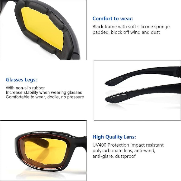 3 Par Motorcykelglasögon Padding Goggles UV-skydd Dammsäker Vindtät Motorcykel Solglasögon För Utomhusaktiviteter