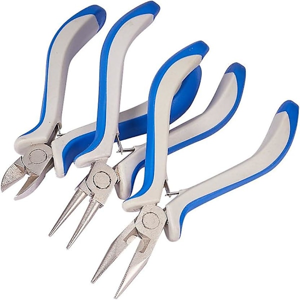 3 Piece Jewellery Making Pliers Kit: 1 Round Tip Pliers, 1 Flat Tip Pliers, 1 Cutting Pliers; Blue and White Handle, 110~125x70mm