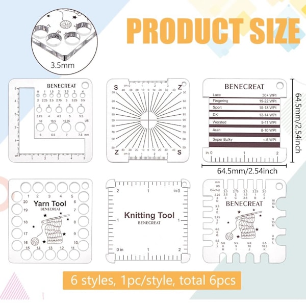 6 st Acrylic Stickningsmätare Linjaler, Virknål och Garnomslag Per Tum Guide Stickningsverktyg för Spinners Garnmätning Virkningstillbehör -GSL 6