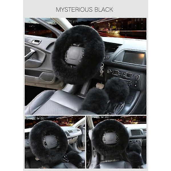 3-pack Dam Set Vintermode Ull Päls Mjuk Päls Rattöverdrag Svart Fluffig Handbromsöverdrag Växelspaköverdrag Fuzz Varm Halksäker Bildekoration