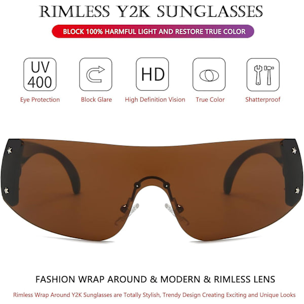 AIEYEZO Rimless Y2K Solbriller til Kvinder og Mænd Oversized Fashion Wrap Around Rammeløse Solbriller brown