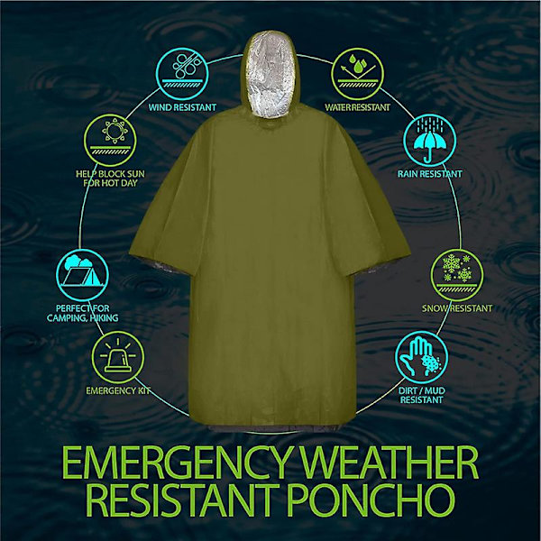 1/2 kpl Hätäpeite Poncho, Hätätilanteen Selviytymis Sade Poncho Kevyt Lämpöä Heijastava Sadetakki PE Alumiinikalvo Lämmin Tuulenpitävä Ulkoilu ffy ZD 1 pc green