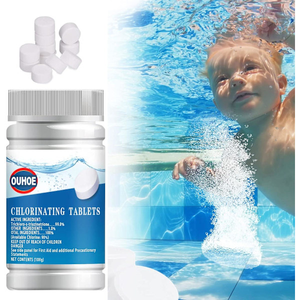 Klortabletter for svømmebasseng, klortabletter for boblebad, multifunksjonelle vannrensingstabletter for plaskebasseng, badekar og spa, gjør bassenget 100g