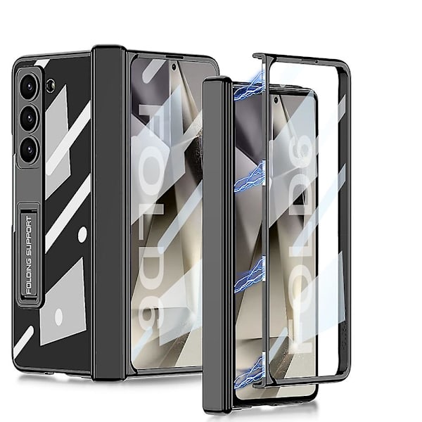 För Samsung Galaxy Z Fold 6 med Osynligt Stativ, Inbyggt Skärmskydd Smalt PC Stötsäkert Skal med Magnetisk Gångjärnsskydd black