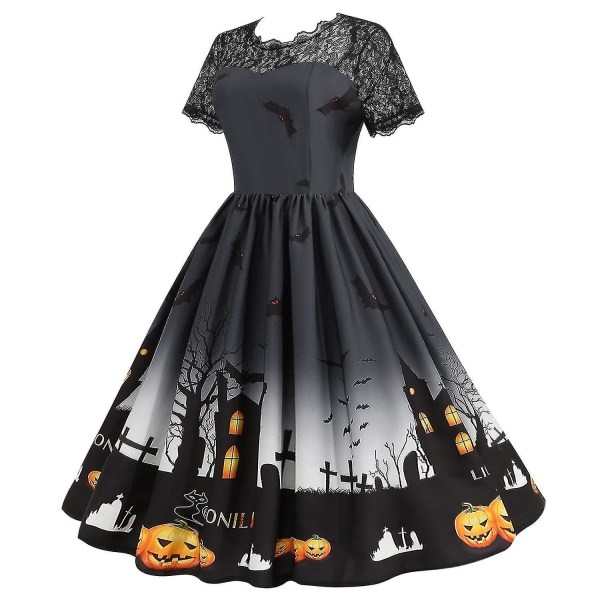 Halloween Klänning med kortärmad rund hals med print för dammode Black 3XL