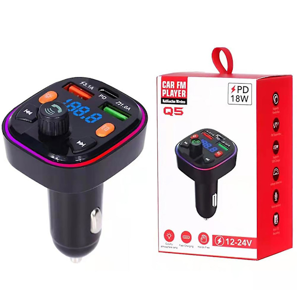 Bluetooth 5.0 Bil Trådløs FM-Sender Adapter 2USB PD Oplader Håndfri q5