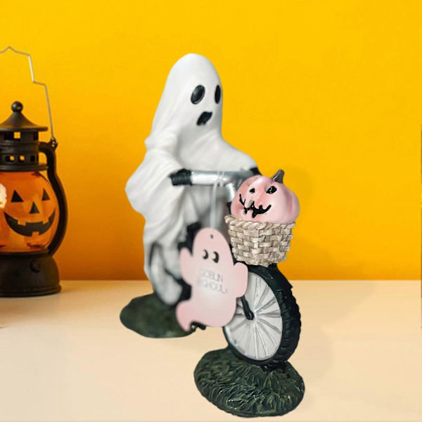 Halloween-aave ja vaaleanpunainen kurpitsakoriste, söpö aave pyöräilee patsas, pelottava hartsipöytäpatsas, käsintehty hauska aavekoriste -CHN