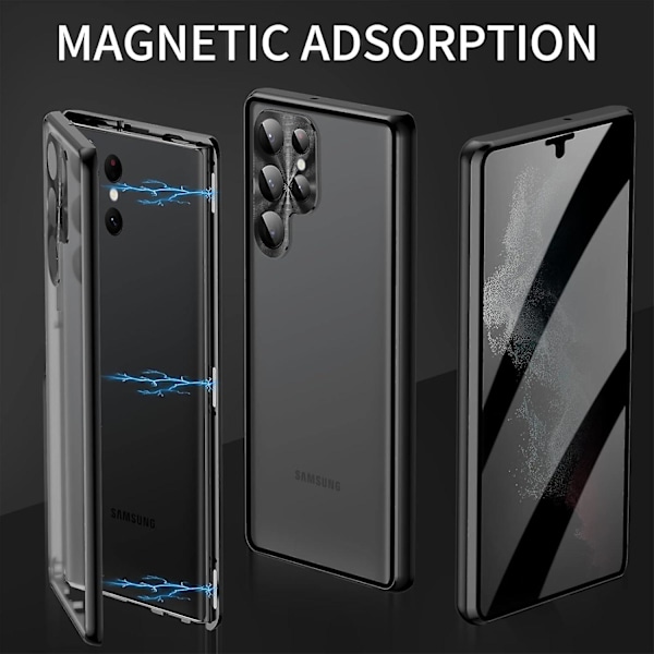 Tietosuojallinen Magneettinen Kotelo Samsung Galaxy S24 Plus:lle - Karkaistu Lasi, Täyspeitto, Käännettävä, Metallireuna, Suojaava Puhelimen Kotelo silver