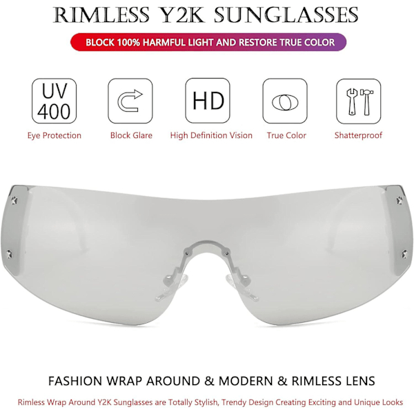 AIEYEZO Rimless Y2K Solbriller til Kvinder og Mænd Oversized Fashion Wrap Around Rammeløse Solbriller silver mirrored