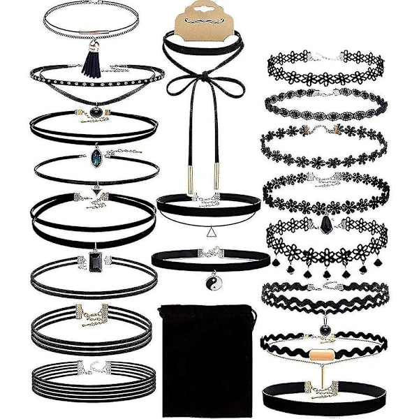 20 stk Svart Chokersett Klassisk Choker Halskjede Lagdelt Svart Chokers Halskjeder Gave Til Kvinner