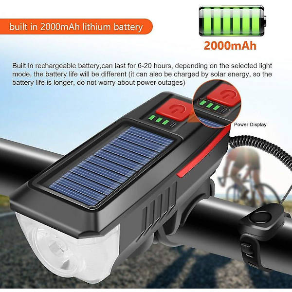 Solcelledrevet USB-oppladbar sykkellykt 2000 Lumen LED sykkellykt foran Nødlys Vanntett med Horn 3 Lysmoduser 2000mAh B2 BB ZD