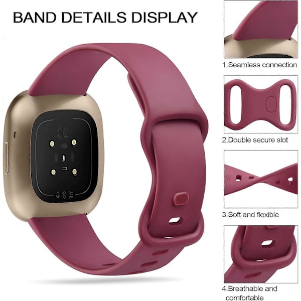 [3-pakning] Rem kompatibel med Fitbit Versa 3 / Fitbit Sense / Fitbit Versa 4 / Fitbit Sense 2, Myk silikonreim for Fitbit Versa black*white*wine red large
