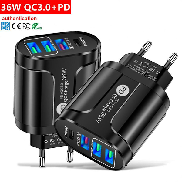 36w Pd+qc3.0 2.4a EU US UK Standard Plug USB-lader Rask lading Mobil