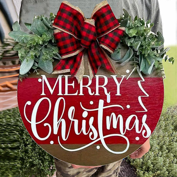 Julvälkomstkrans Dekorationer, God Jul Hängande Skylt för Framdörr, Konstgjord Flätad Julkrans b