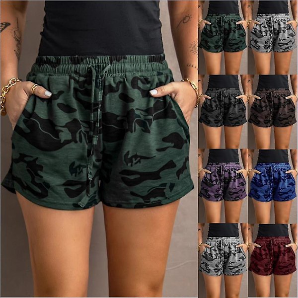 Leopardmønstrede shorts for kvinner, komfortable shorts med snøring i midjen og lommer s