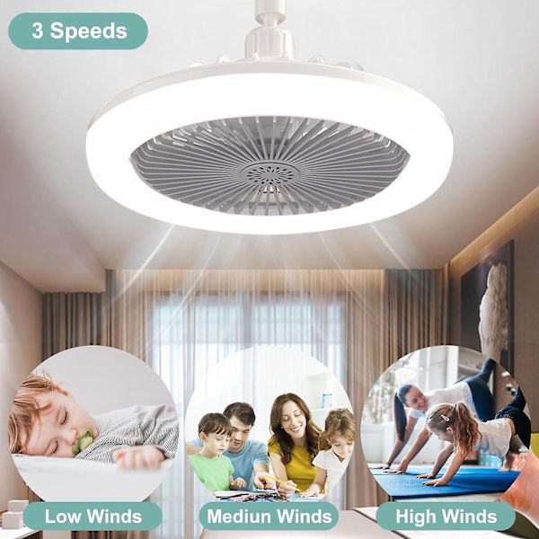 Takfläktar med Fjärrkontroll och Ljus LED-lampa Fläkt E27 Konverteringsbas Smart Tyst Takfläktar för Sovrum Vardagsrum white