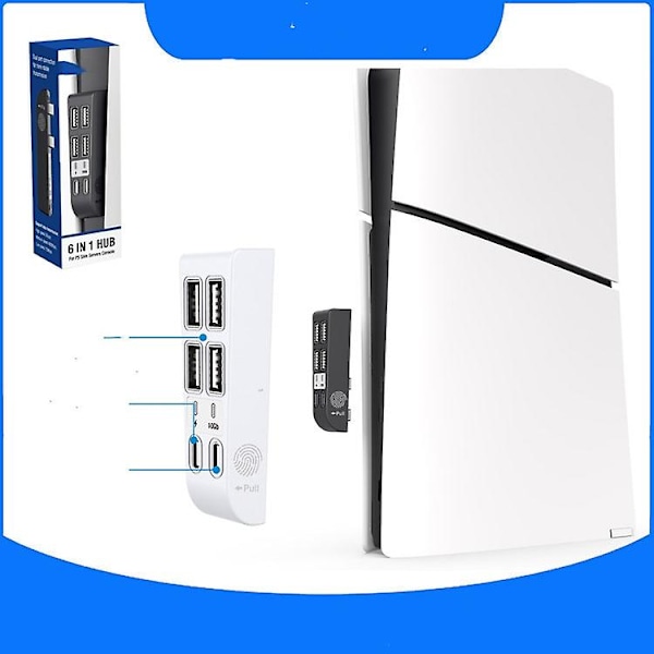 6 Port USB-keskitin PS5 Slim -konsolille, 6-in-1 USB-jatkojohto, nopea laajennusadapteri ja laturi PS5 Slim -lisävarusteille white