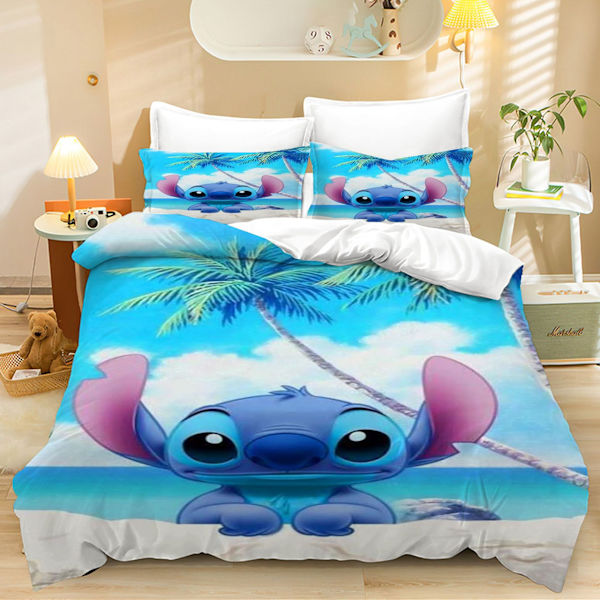 Kotitekstiili kolmiosainen setti vaaleansininen piirretty Stitch digitaalinen painatus peitto tyynynpäällinen vuodevaatteet Y1311 200*230 three-piece set