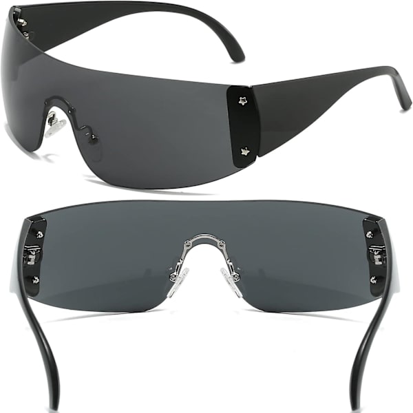 AIEYEZO Rimless Y2K Solbriller Kvinder Mænd Oversized Fashion Wrap Around Rammeløse Solbriller black