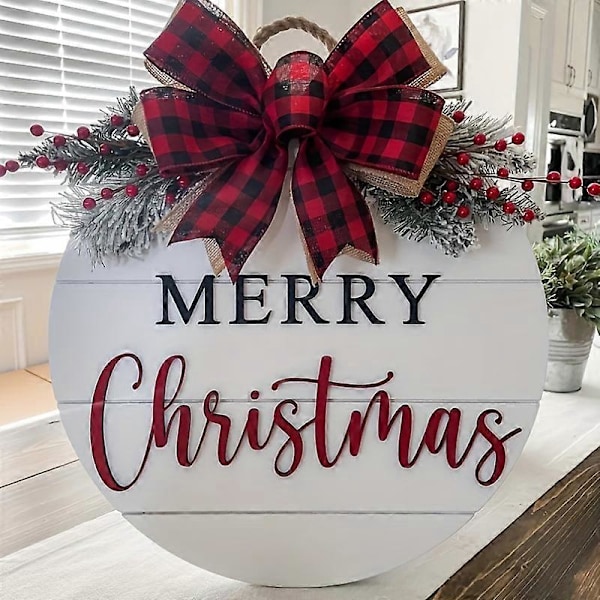 Julvälkomstkrans Dekorationer, God Jul Hängande Skylt för Framdörr, Konstgjord Flätad Julkrans a