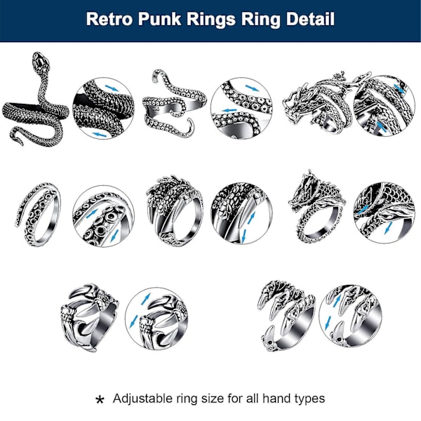 8 kpl Vintage Punk -sormukset, Oktopus, Lohikäärme, Käärme, Säädettävät