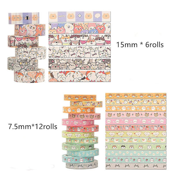 Kawaii Sød Tegneserie Washi Tape Sæt - 18 Ruller Tynde Dyr Guld Pynt Dekorative Maskeringstape