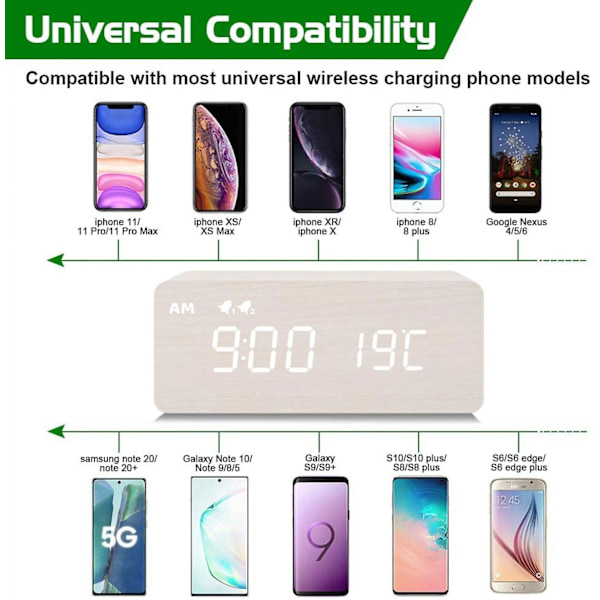 Digital Träväckarklocka med Trådlös Laddning, 0-100% Dimmer, Dubbel Alarm, Vardag/Helg-läge, Snooze, Trä LED-Klockor för Sovrum, Sängbord, Desk