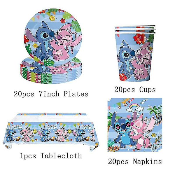 Blå Stitch Födelsedagsfest Dekorationer Cartoon Lilo Och Stitch Tema Servis Set Koppar Tallrikar Ballong Barnfest Tillbehör 61pcs set