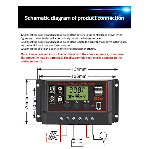 10-30A Solpanelregulator Batteriladerstyring LCD Auto Dual B 12V/24V black 10a