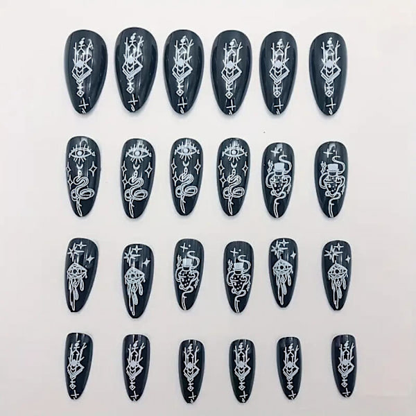 Almond Press på negler Medium Stiletto Black Fake Nails med neglelim Moon Star False Nails 24Pcs Full Cover Acrylic Nails  ZD E
