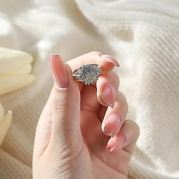 Sæt med sol- og måneringe, funklende solring, blå månering, venskabsring, stablebare himmelringe, gave til kvinder og piger size 9