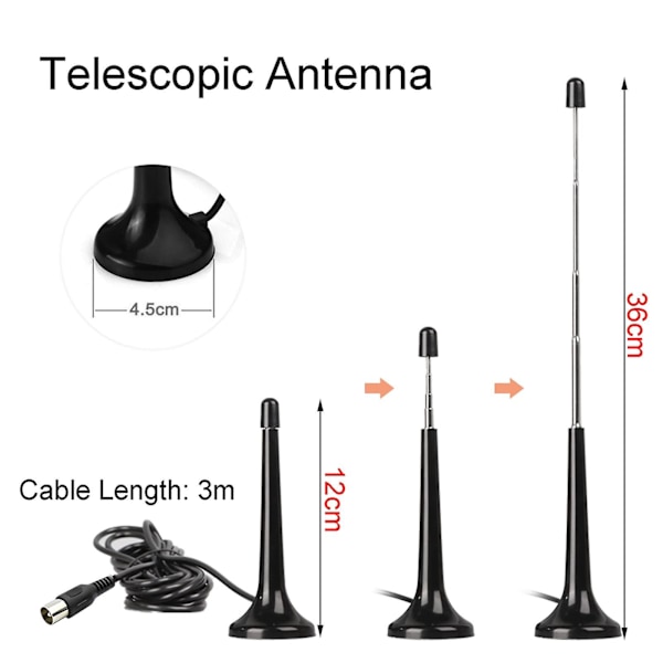 TV-antenn inomhus, DAB FM-radioantenn teleskopisk FM-antenn, med magnetfot och 3 meter förlängningskabel, bärbar TV-antenn -GSL ZD R